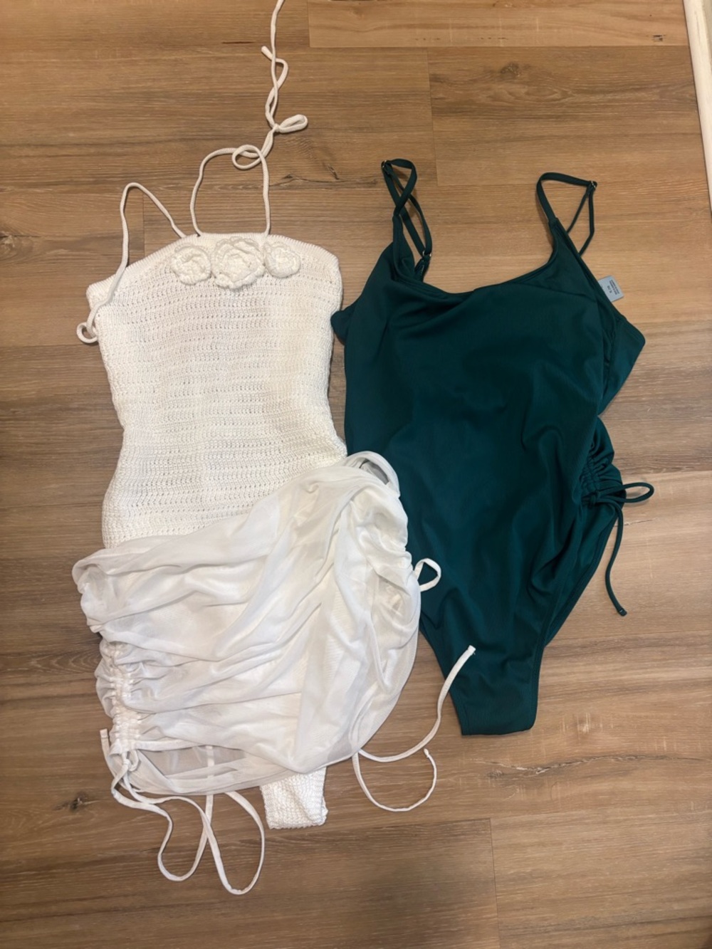 White Crochet Halter swim suit with covers and Deep Teal One-Piece Swim Suit Set